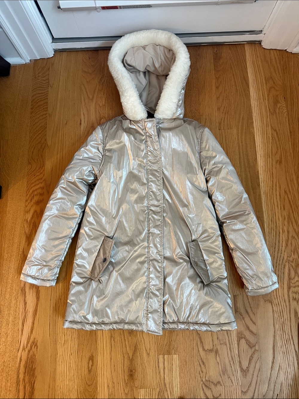 Janie and Jack Metallic Gold Hooded Puffer with Faux Fur Trim